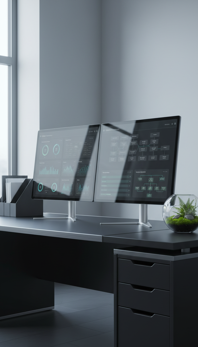 A sleek, modern desktop computer setup featuring dual ultra-thin monitors with pristine, edge-to-edge glass surfaces displaying clean legal technology dashboards and analytics charts. The workspace is situated on a matte black desk with subtle metallic accents, surrounded by minimalist filing tools and a glass terrarium filled with lush green moss. Cool diffused daylight pours through a nearby window, casting soft highlights along the monitor edges and providing a clear, inviting atmosphere. Captured at an eye-level perspective with a sharp focus throughout, the composition embraces a clean and modern visual aesthetic. The mood is professional, organized, and forward-thinking, perfectly resonating with the theme of legal technology consulting and optimization.
